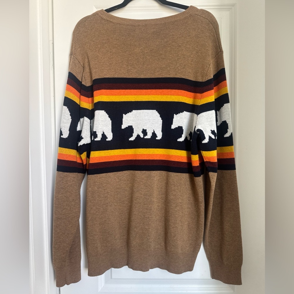 KAVU Highline Brown Sweater Bear Print Orange and Yellow Accents MEN'S Large - Picture 4 of 5